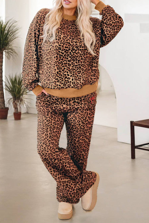 Leopard Print Contrast Trim Long Sleeve Top and Pants Set