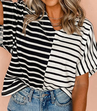 Load image into Gallery viewer, Stripe Two Tone Colorblock V Neck T Shirt
