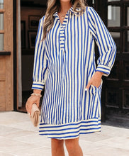 Load image into Gallery viewer, Large Instock Blue Stripe Collared Half Button Side Pockets Loose Fit Mini Dress
