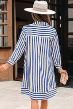 Load image into Gallery viewer, Large Instock Blue Stripe Collared Half Button Side Pockets Loose Fit Mini Dress
