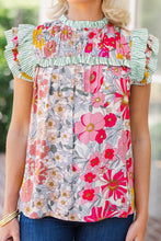 Load image into Gallery viewer, Floral Print Contrast Ruffle Trim Short Sleeve Blouse
