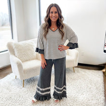 Load image into Gallery viewer, Gray Stripe V Neck Ruffle Contrast Sleeve Top Drawstring Pants 2pcs Set

