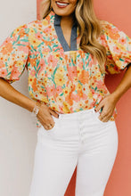 Load image into Gallery viewer, Floral Print Bubble Sleeve V Neck Blouse
