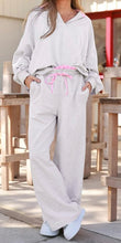 Load image into Gallery viewer, Grey 2pcs Contrasted Trim Frilled Collar Drop Shoulder Pullover Drawstring Pant Set
