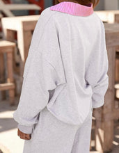 Load image into Gallery viewer, Grey 2pcs Contrasted Trim Frilled Collar Drop Shoulder Pullover Drawstring Pant Set
