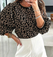 Load image into Gallery viewer, Leopard Print Puffy Bracelet Sleeve Contrast Trim Round Neck Top
