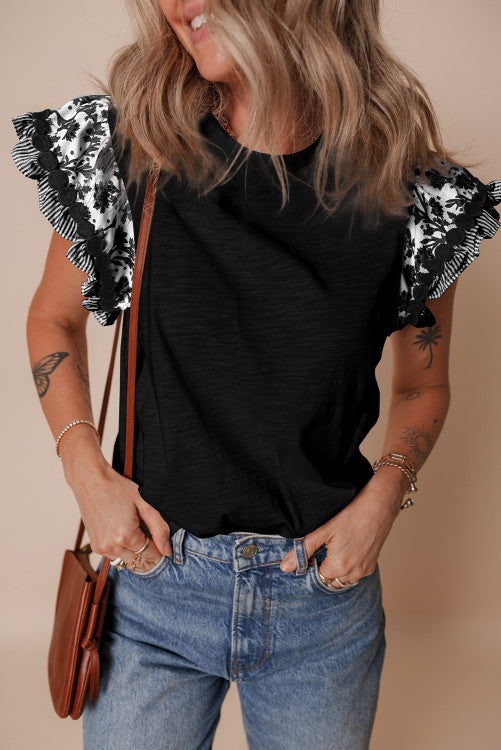 Ricrac Trim Printed Flutter Sleeve Contrast Patchwork Blouse