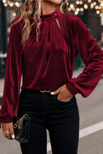 Load image into Gallery viewer, Asymmetric Button Keyhole Neck Long Sleeve Velvet Blouse
