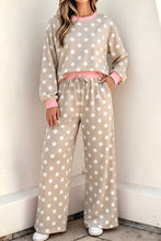 Load image into Gallery viewer, Polka Dot Contrast Trim Long Sleeve Top Drawstring Shift Pants Set
