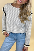 Load image into Gallery viewer, Stripe Contrasted Ruffle Trim Loose Long Sleeve Top
