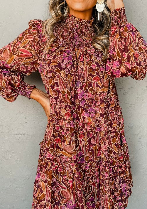 Floral Print Long Sleeve Shirred High Neck Loose Mini Dress