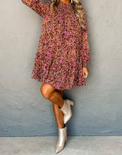 Load image into Gallery viewer, Floral Print Long Sleeve Shirred High Neck Loose Mini Dress
