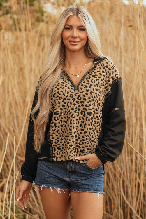 Instock large leopard zip hooded top