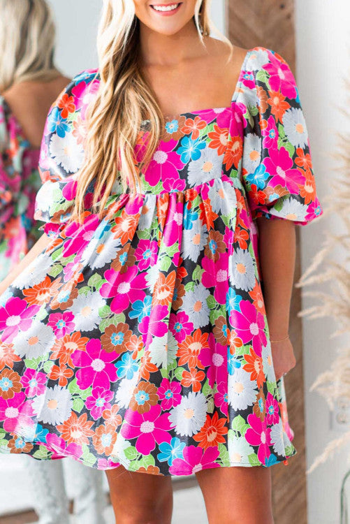 Floral Print Square Neck Short Puff Sleeve Dress