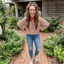 Load image into Gallery viewer, Striped Print Contrast Collar Zip V Neck Long Sleeve Top
