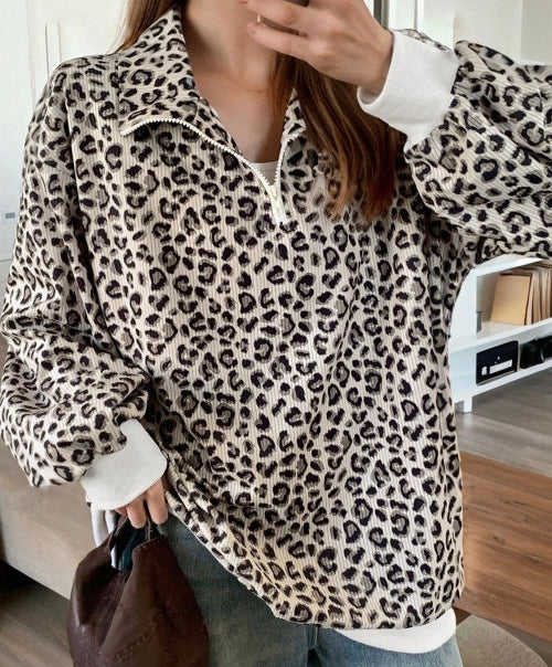 Leopard Print Quarter Zip Corded Sweatshirt