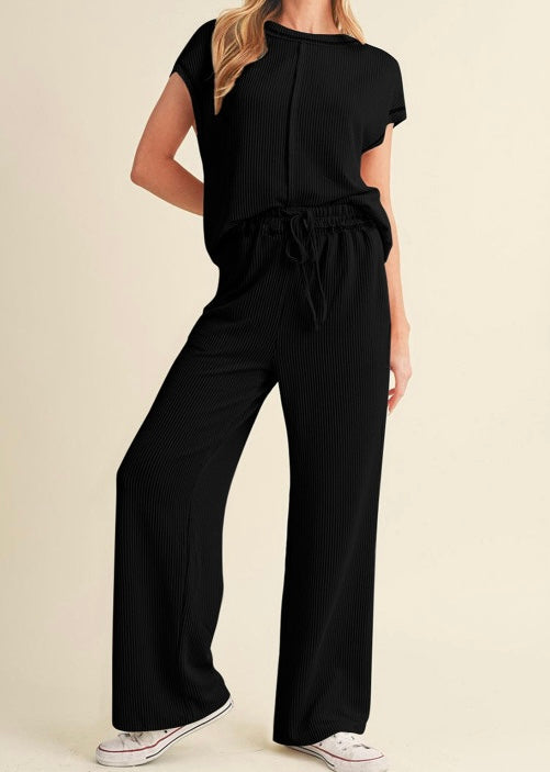 Corded Short Sleeve Top and Casual Pants Set