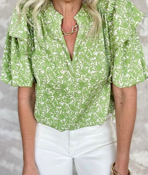 Green Floral Ruffle Puff Short Sleeve Frilled Collar V Neck Blouse
