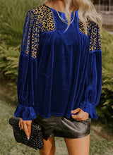 Load image into Gallery viewer, Blue Leopard Patchwork Shoulder Flounce Sleeve Velvet Blouse
