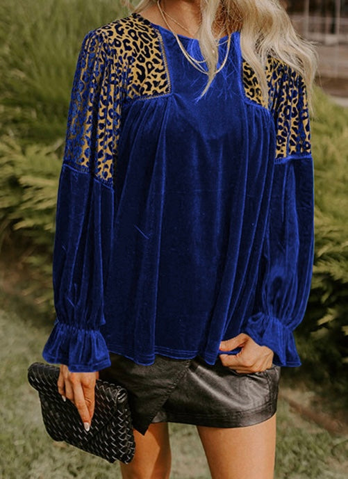 Blue Leopard Patchwork Shoulder Flounce Sleeve Velvet Blouse