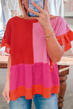 Load image into Gallery viewer, Mix Knitted Patchwork Ruffle Trim Loose Sweater
