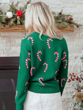 Load image into Gallery viewer, Green Christmas Candy Cane Holiday Drop Shoulder Sweater
