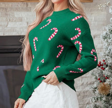 Load image into Gallery viewer, Green Christmas Candy Cane Holiday Drop Shoulder Sweater
