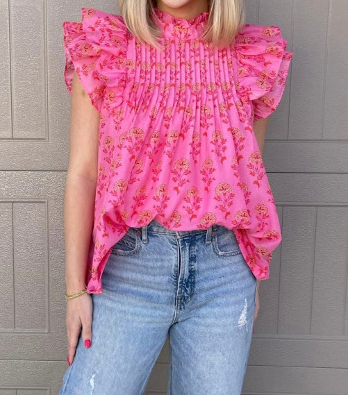 Floral Print Pleated Ruffled Flutter Sleeve Blouse