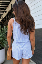 Load image into Gallery viewer, Blue Stripe V Neck Bowknot Crop Tank and Shorts Set
