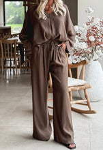Load image into Gallery viewer, Brown Braided V Neck Long Sleeve Loose Top and Drawstring High Waist Pants 2pcs Outfit
