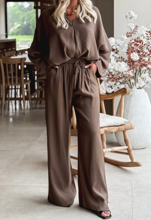 Brown Braided V Neck Long Sleeve Loose Top and Drawstring High Waist Pants 2pcs Outfit