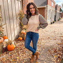Load image into Gallery viewer, Patchwork Shirred Cuff Puff Sleeve Sweater

