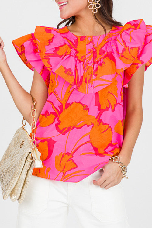 Floral Ruffled Trim Flutter Sleeve Summer Top