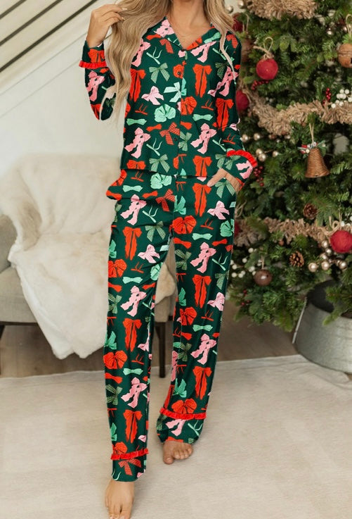 Festive Bow Print 2pcs Pajama Pant Set