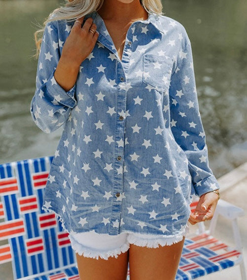 Star Print Light Wash Raw Hem Denim Shirt