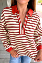 Load image into Gallery viewer, Striped Print Contrast Collar Zip V Neck Long Sleeve Top
