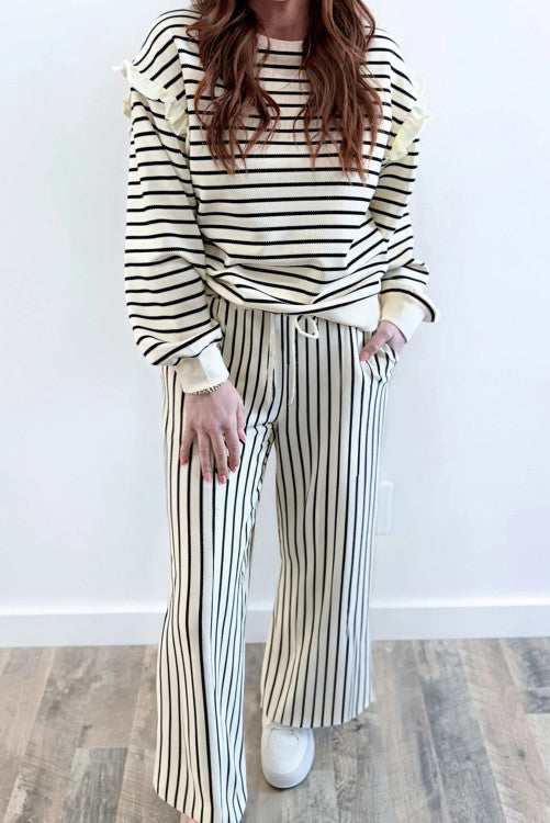 Stripe Ruffle Trim Drop Shoulder Top Drawstring Loose Pant Set