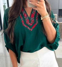 Load image into Gallery viewer, Contrast Plaid Patchwork V Neck Half Sleeve Blouse
