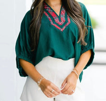 Load image into Gallery viewer, Contrast Plaid Patchwork V Neck Half Sleeve Blouse
