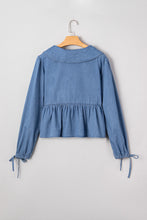 Load image into Gallery viewer, Denim Lapel Neck Balloon Sleeve Tied Peplum Top
