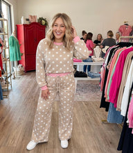 Load image into Gallery viewer, Polka Dot Contrast Trim Long Sleeve Top Drawstring Shift Pants Set

