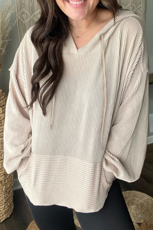 Corded Drop Shoulder Kangaroo Pocket Hoodie