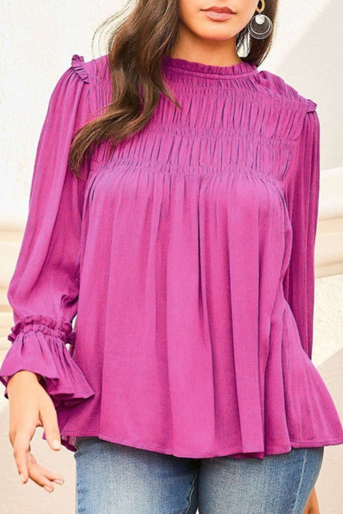 Shirred Button Keyhole Back Flounce Sleeve Blouse