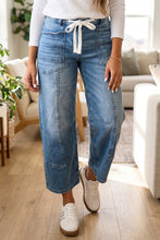 Load image into Gallery viewer, Patchwork Grommet Tie Waist Loose Ankle-Length Jeans
