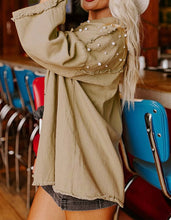 Load image into Gallery viewer, Khaki Pearl Beaded Raw Hem Button Up Denim Jacket
