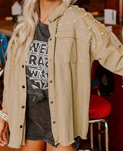 Load image into Gallery viewer, Khaki Pearl Beaded Raw Hem Button Up Denim Jacket
