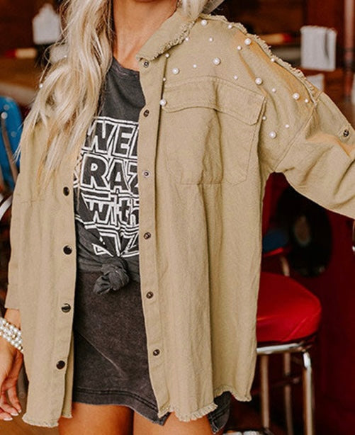 Khaki Pearl Beaded Raw Hem Button Up Denim Jacket