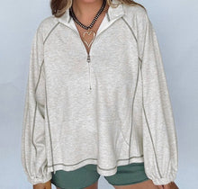 Load image into Gallery viewer, Grey Half Zip Stand Neck Seam Detail Long Sleeve Top
