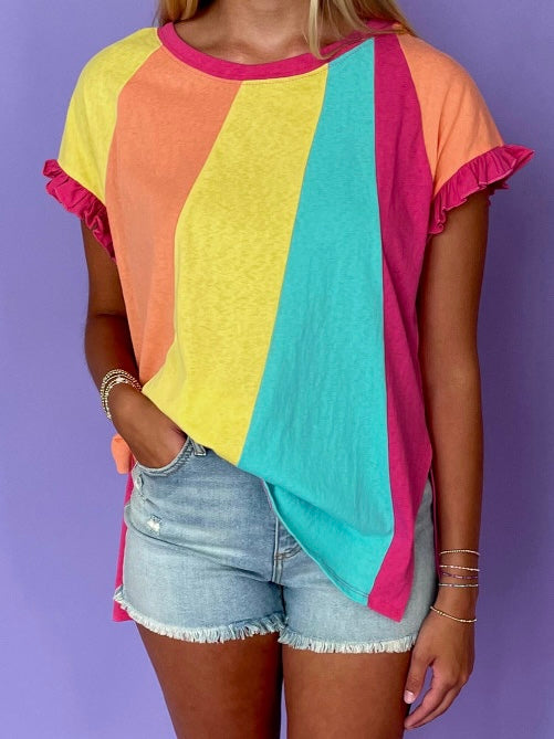 Color Block Ruffled Crew Neck Loose Fit T Shirt