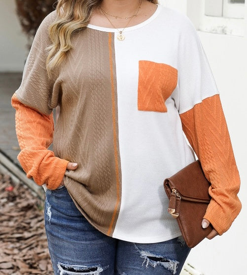 Chestnut Plus Size Color Block Textured Patchwork Top with Pocket
